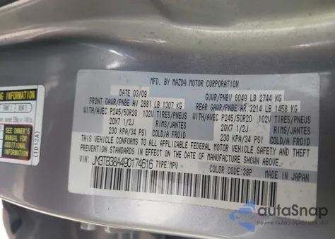 2009 Mazda Cx-9 Grand Touring from USA, damaged, VIN JM3TB38A490174616